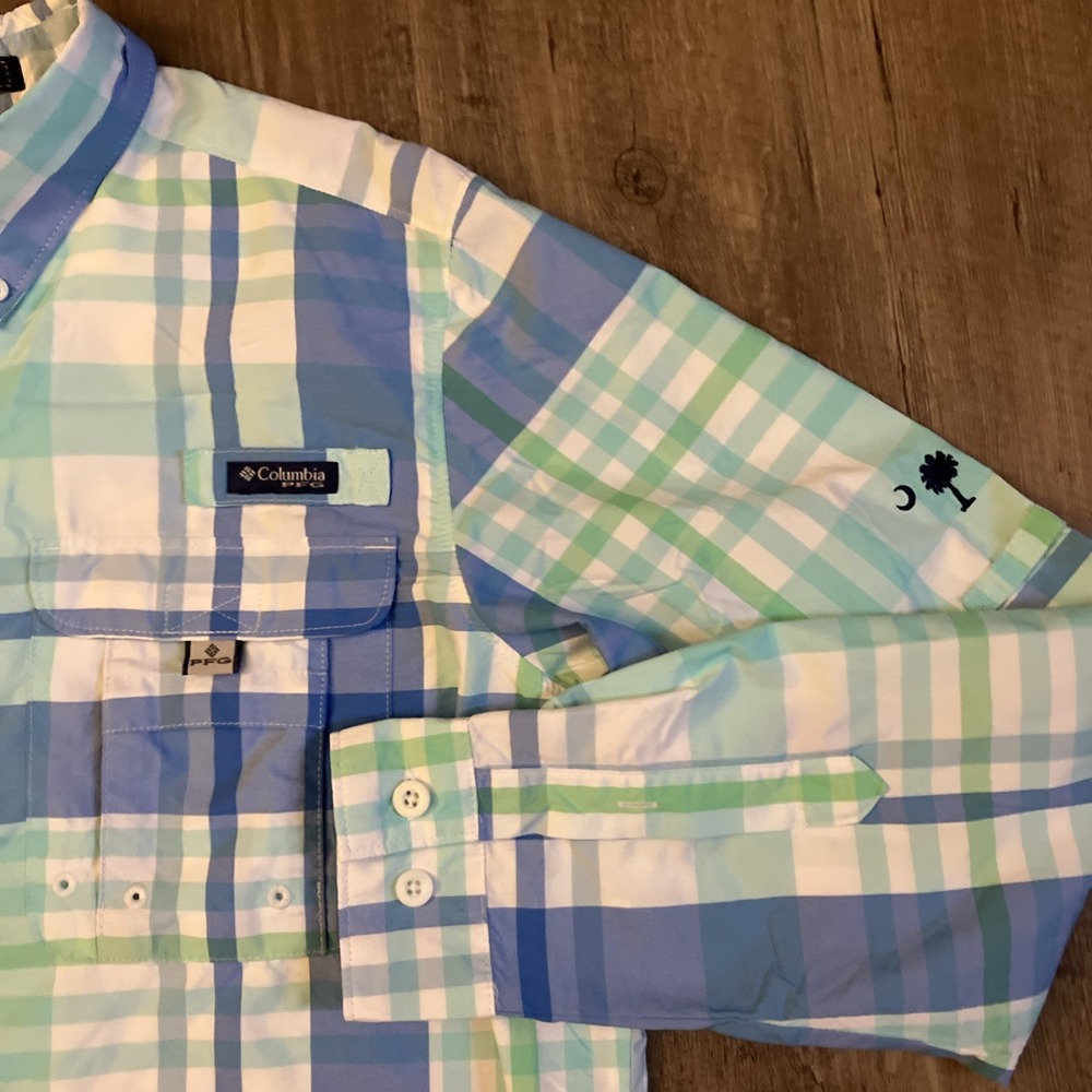 Columbia‎ Super Bahama Shirt Mens M PFG Omni-Shade  Blue Plaid SC Logo Sleeve